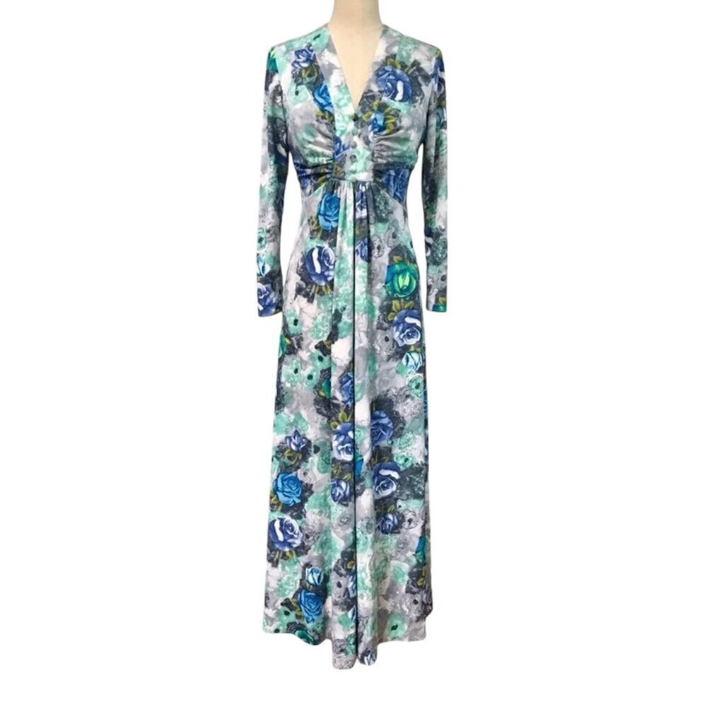 Vintage 70s Maxi Dress - Home Sewn Blue & Gray Rose Print